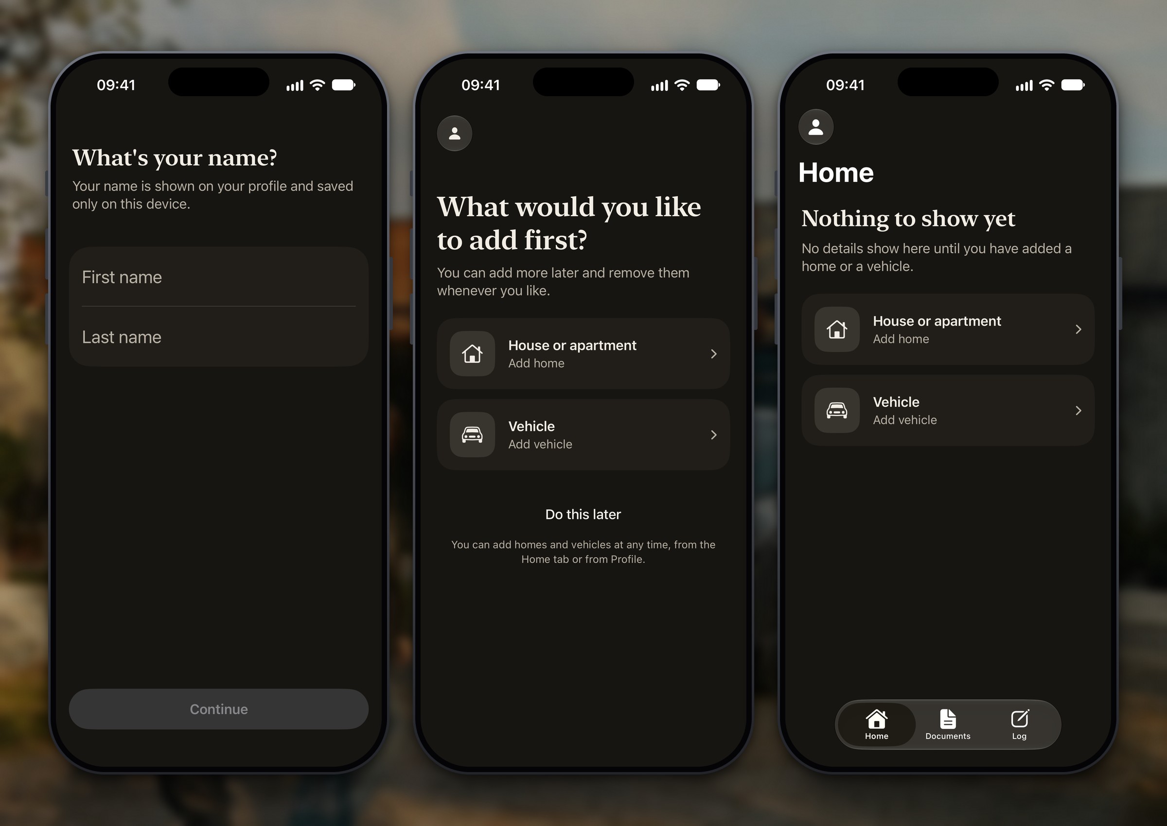 Three Hemma screens: asking for your first and last name, the start screen offering a house or apartment, a vehicle, or to do it later, and the empty Hem tab explaining that nothing shows until a home or vehicle is added.